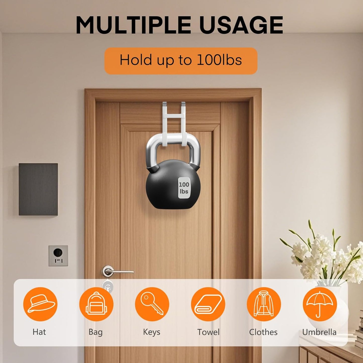 FYY Over The Door Hooks - 2 Pack Heavy Duty Dual-Hook Organizer Hanger with Non-Slip Rubber for Towels, Clothes, Hats & Bags Use in Bathroom, Bedroom, Kitchen - Fits Interior Doors Up to 1 3/8" White