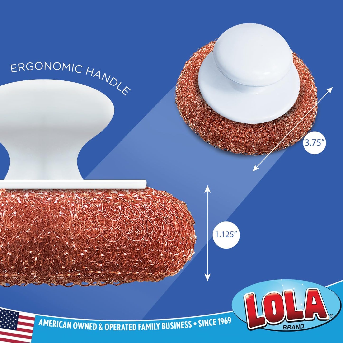 LOLA Copper Mesh Scouring Pad w/Comfort Knob, Heavy Duty Cleaning Pads, Knitted Wire Mesh, Cleans Caked-On & Baked-On Messes - 1 Pack