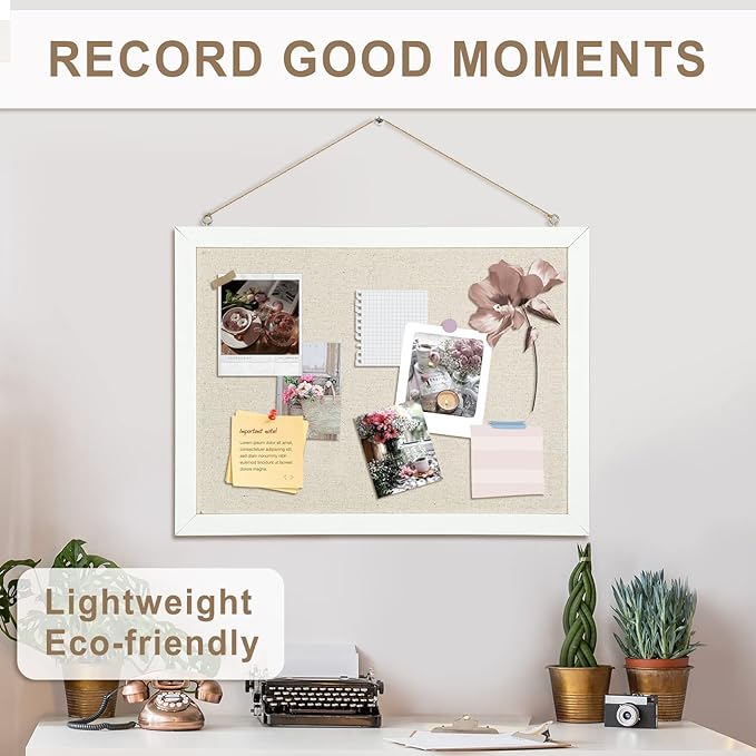 2-Pack Double-Sided Cork Board with Linen, 16" x 12" Hanging Wood Framed Bulletin Board, Picture Display Vision Board Kit Corkboards for Wall School Office Decor, 20 Pushpins (Vintage White)