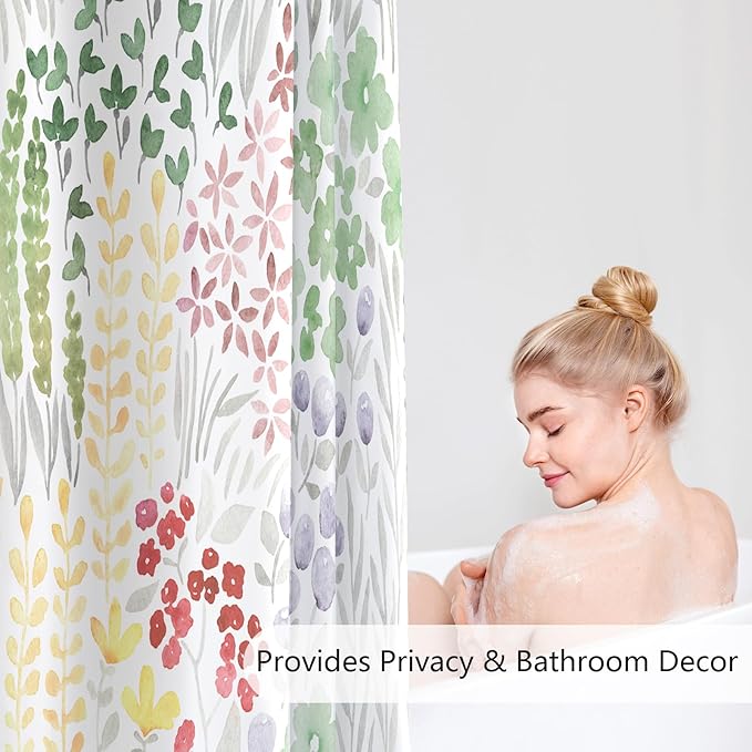 Extra Long Shower Curtain 72 x 84 Inch, Tall Cute Floral Shower Curtain for Bathroom, Sage Green Wildflower Boho Cottagecore Fabric Shower Curtain Set with Hooks