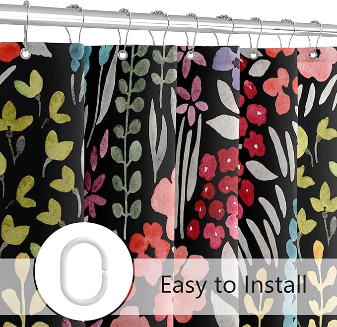 Colorful Floral Shower Curtain, Cute Boho Flower Fabric, Funky Watercolor Wildflower Shower Curtain Set, Cottagecore Bohemian Bathroom Decor, Black, 72x72