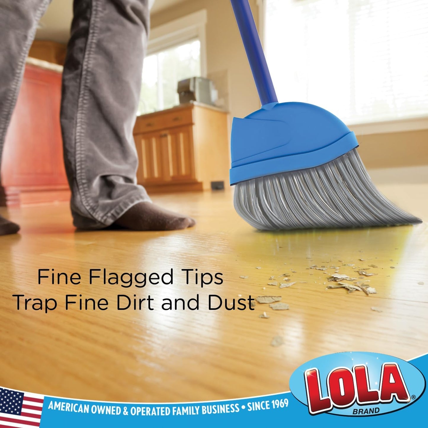 Angle Broom, Indoor, 13" W, Large Style - Made w/Recycled Soda Bottle Bristles & Aluminum, has Swivel Hang Cap for Storage, by LOLA, 1 Pack