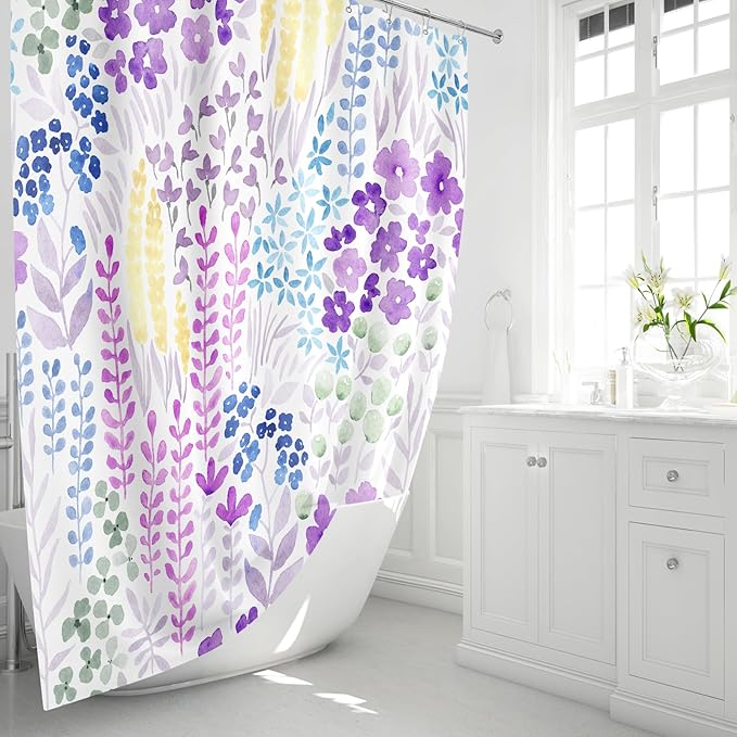Small Stall Shower Curtain 36 x 72 Inch, Lavender Purple Half Narrow Floral Shower Curtain for Bathroom, Colorful Wildflower Boho Cottagecore Fabric Shower Curtain Set with Hooks