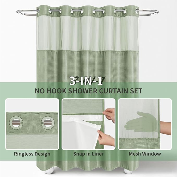 No Hook Waffle Weave Shower Curtain with Snap-in Fabric Liner Set,Sage Green Shower Curtains for Bathroom with See Through Top Window,Water Repellent & Washable,71Wx74H