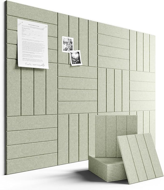 Fluxynara Felt Bulletin Board Tiles Large 48" x 36" Cork Board Alternative-12 Pack with 70 Adhesive Tabs, Thick Slat Wall Panels for Office Decor, Push Pin Board Wall Organizer Alternative-Sage Green