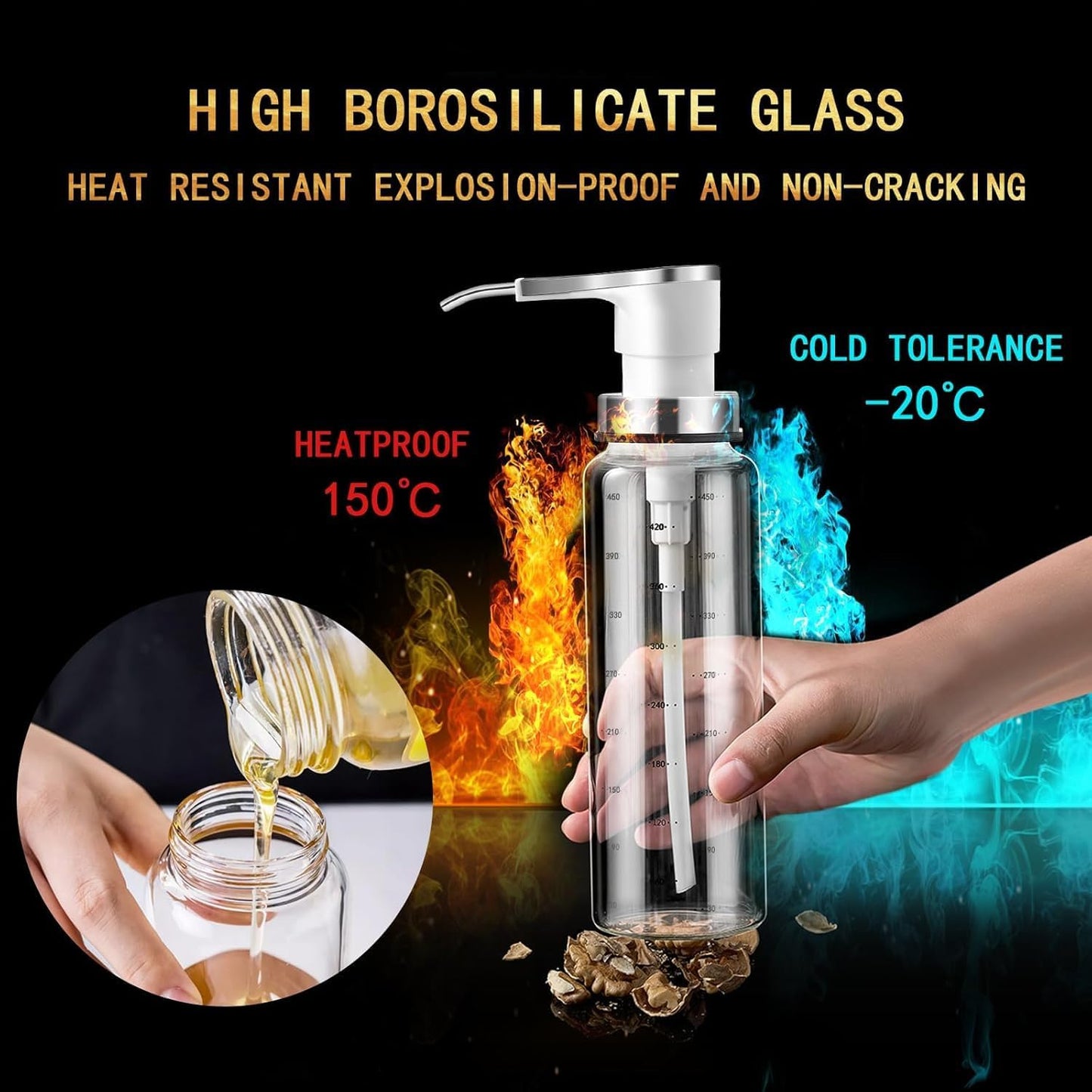Sauce Pump Dispensers, 17oz Glass & Stainless Steel, 8ml Capacity, Perfect for Kitchen, BBQ, Baking, Salad, Restaurant, Cafe, Hotel, Party, Buffet, Infusing Herbs