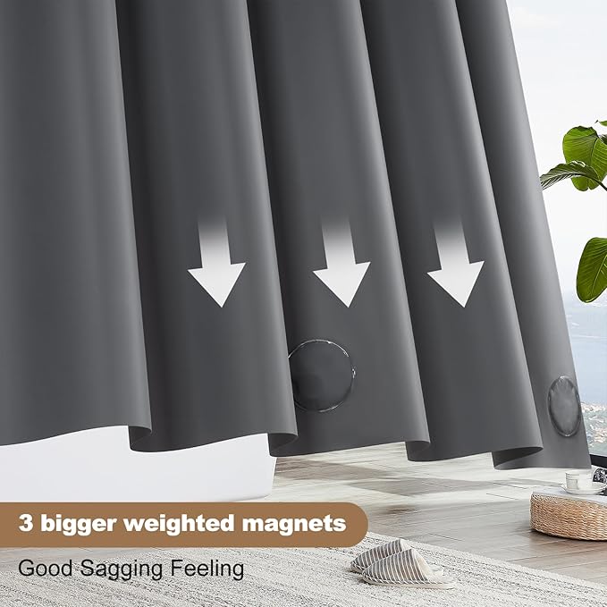 UFRIDAY Dark Grey Long Shower Curtain Liner Premium PEVA 72 x78 inch,Heavy Duty Shower Curtain with 3 Weighted Magnets, Plastic Waterproof Grey Shower Curtains for Bathroom with 12 Hooks