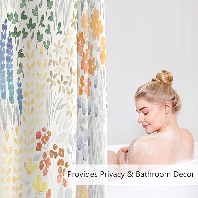 Cute Floral Shower Curtain, Orange Yellow Boho Flower Fabric Shower Curtain, Funky Watercolor Wildflower Shower Curtain Set, Cottagecore Bohemian Bathroom Decor, 72x72