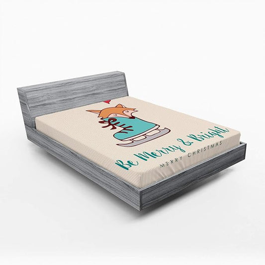 Ambesonne Christmas Fitted Sheet, Merry Calligraphy with Little Fox in Ice Skate Boot Heart on Stripes, Bed Cover with All-Round Elastic Deep Pocket for Comfort, Queen Size, Beige Seafoam and Amber