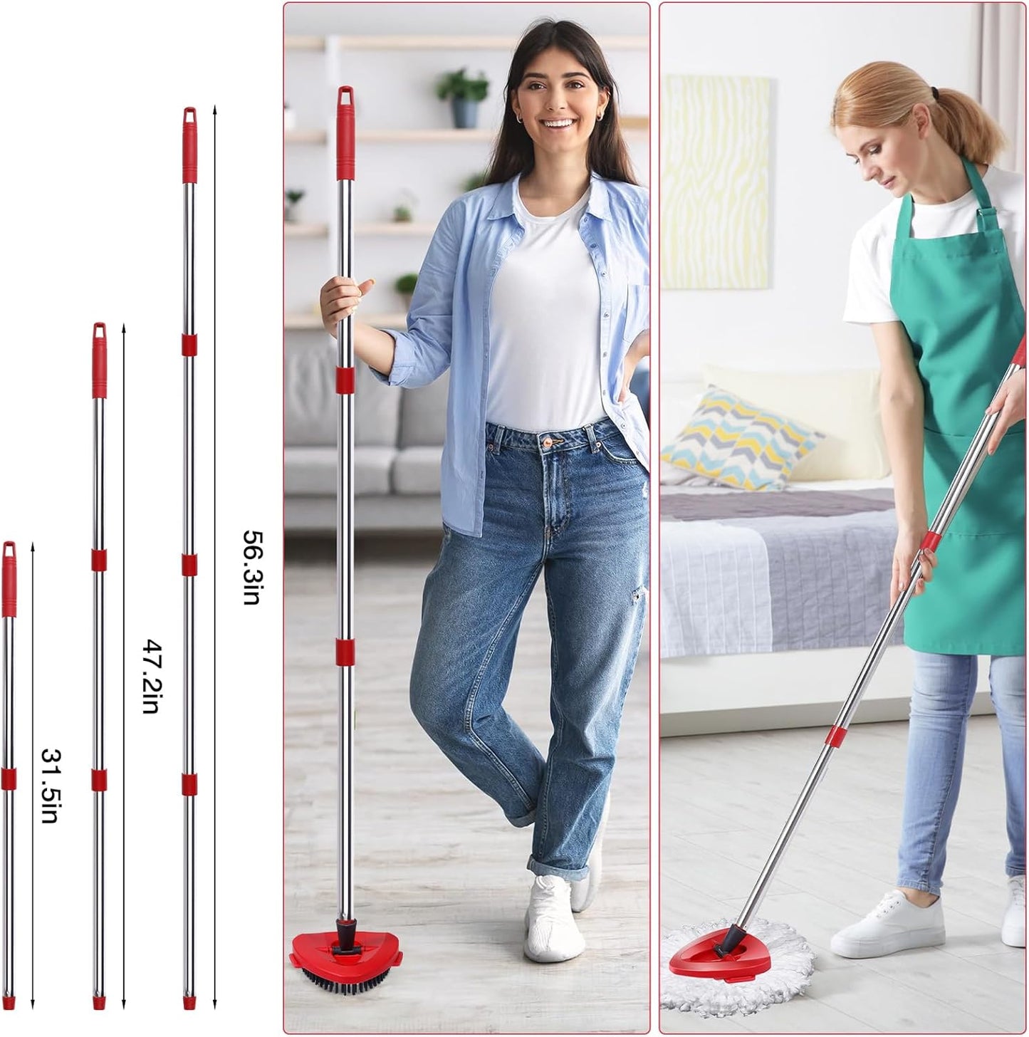 Mop Heads Replacements Complete Combo for O-Ceda,4Pcs White Machine Washable Microfiber Spin Mop Refills Replace Heads,1 Scrub Brushs,1 Base,1 Set Handle,Spin Mop Replacements for Tub and Tile