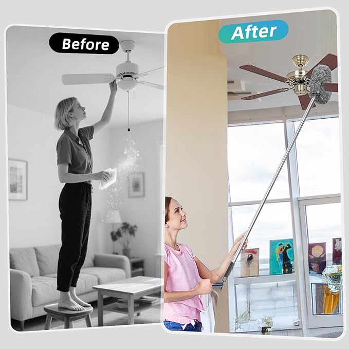 DRQ Ceiling Fan Cleaner Duster, Reusable Microfiber Duster with Extension Pole, 13 to 48 Inch Fan Blade Cleaner, Removable Dusters for Cleaning Walls Bookshelves Door Window Top (Grey)