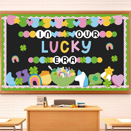 87Pcs St. Patrick's Day Bulletin Board Decorations Set Lucky Charm Unicorn Gold Coin Paper Cutouts Funny Shamrock March Classroom Decor for Chalkboard Window Wall Door Irish Party Home Office School