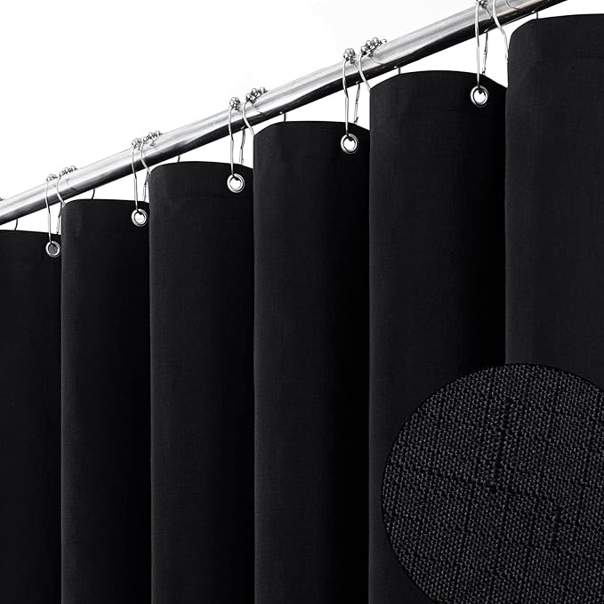 BTTN 84 Inch Wide Shower Curtain - W84xH72 Linen Textured Heavy Duty Fabric Cloth Shower Curtain Set with 14 Plastic Hooks, Large Hotel Simple Waterproof Polyester Bath Curtains for Bathroom - Black
