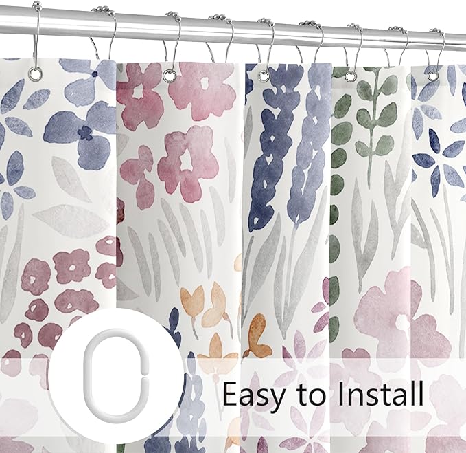 Cute Floral Shower Curtain, Mauve Boho Flower Fabric Shower Curtain, Funky Watercolor Wildflower Shower Curtain Set, Cottagecore Bohemian Bathroom Decor, 72x72