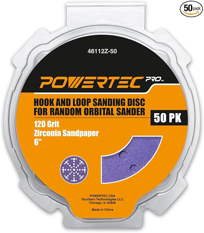 POWERTEC PRO 50PK, 6 Inch 49 Holes Sanding Disc, 120 Grit, Zirconia Hook and Loop Film Backing Sandpaper for Festool Random Orbital Sanders - Automotive, Paint, Metal, Woodworking (46112Z-50)