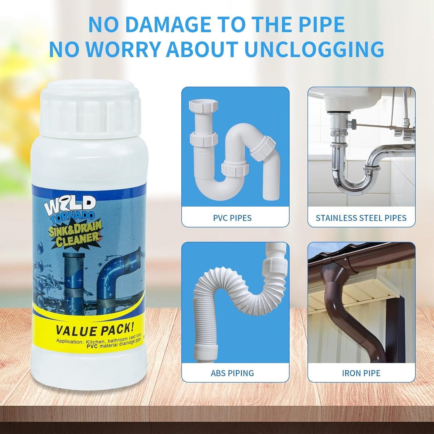 Wild Tornado Pipe Dredge,Powerful Sink Cleaner Powder Fast Foaming for Kitchen Toilet Pipeline Quick Cleaning Tool（2pcs）