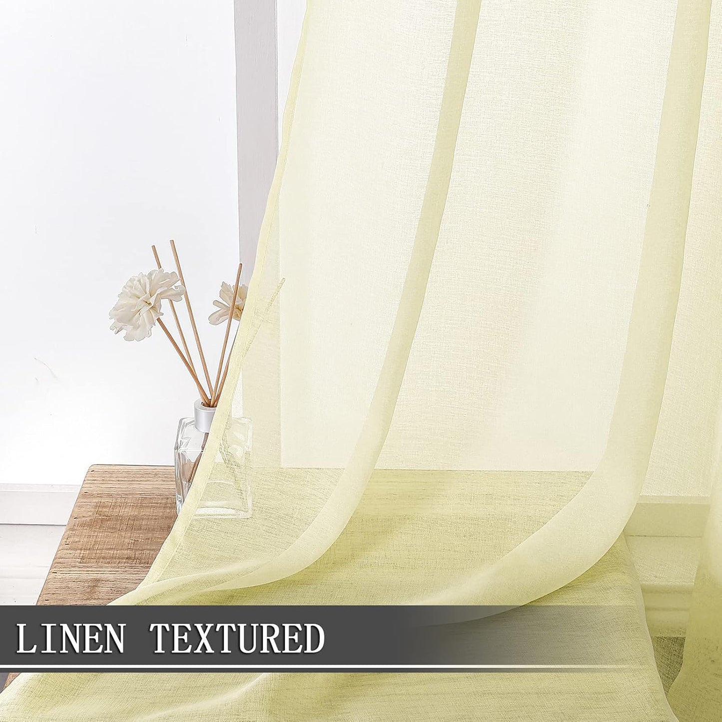 Tollpiz Short Sheer Curtain Linen Textured Bedroom Curtains Sheer Light Filtering Rod Pocket Voile Curtain for Living Room, 54 x 54 inches Long, Transparent Yellow, Set of 2 Panels