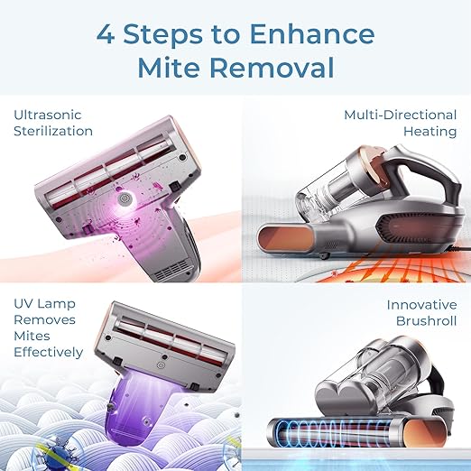 JIGOO S300 PRO Mattress Vacuum Cleaner with UV & Ultrasonic and High Heating,Anti-allergen Powerful Handheld Vacuum for Bed,Sofa
