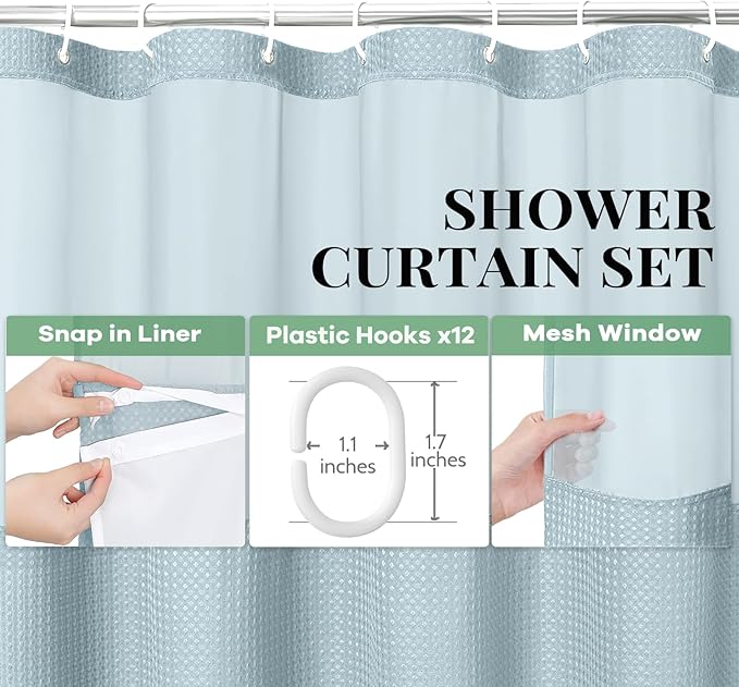 Dynamene Extra Long Shower Curtain, 84 Inch Long Waffle Fabric Shower Curtain for Bathroom, Tall Waterproof Cloth Shower Curtain Liner Set with Hook, Snap in Liner, Mesh Top Window, Fog Blue, 72x84