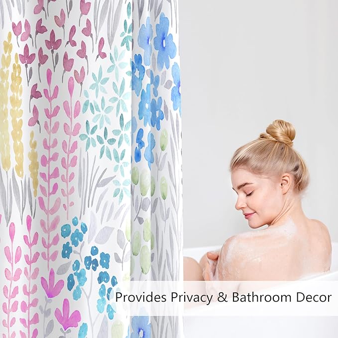 Small Stall Shower Curtain 36 x 72 Inch, Half Narrow Cute Floral Shower Curtain for Bathroom, Blue Pink Yellow Wildflower Boho Cottagecore Fabric Shower Curtain Set with Hooks