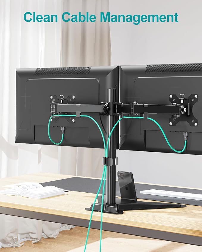 MOUNT PRO Dual Monitor Stand, Free-Standing Full Motion Monitor Desk Mount Fits 2 Screens up to 27 inches,17.6lbs with Height Adjustable, Swivel, Tilt, Rotation, VESA 75x75 100x100, Black