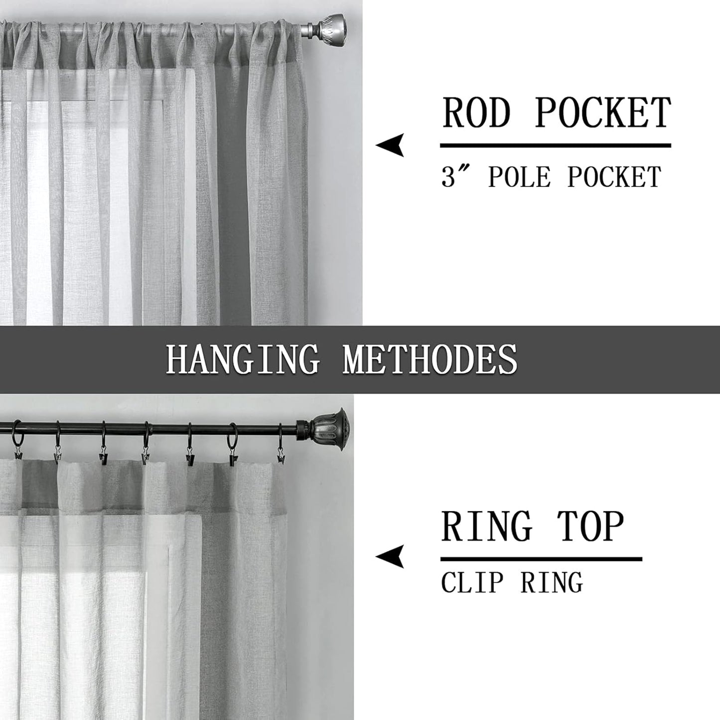 Tollpiz Sheer Curtains Linen Textured Living Room Curtain Sheers Light Filtering Rod Pocket Voile Curtains for Bedroom, 42 x 63 inches Long, Silver Grey, Set of 2 Panels