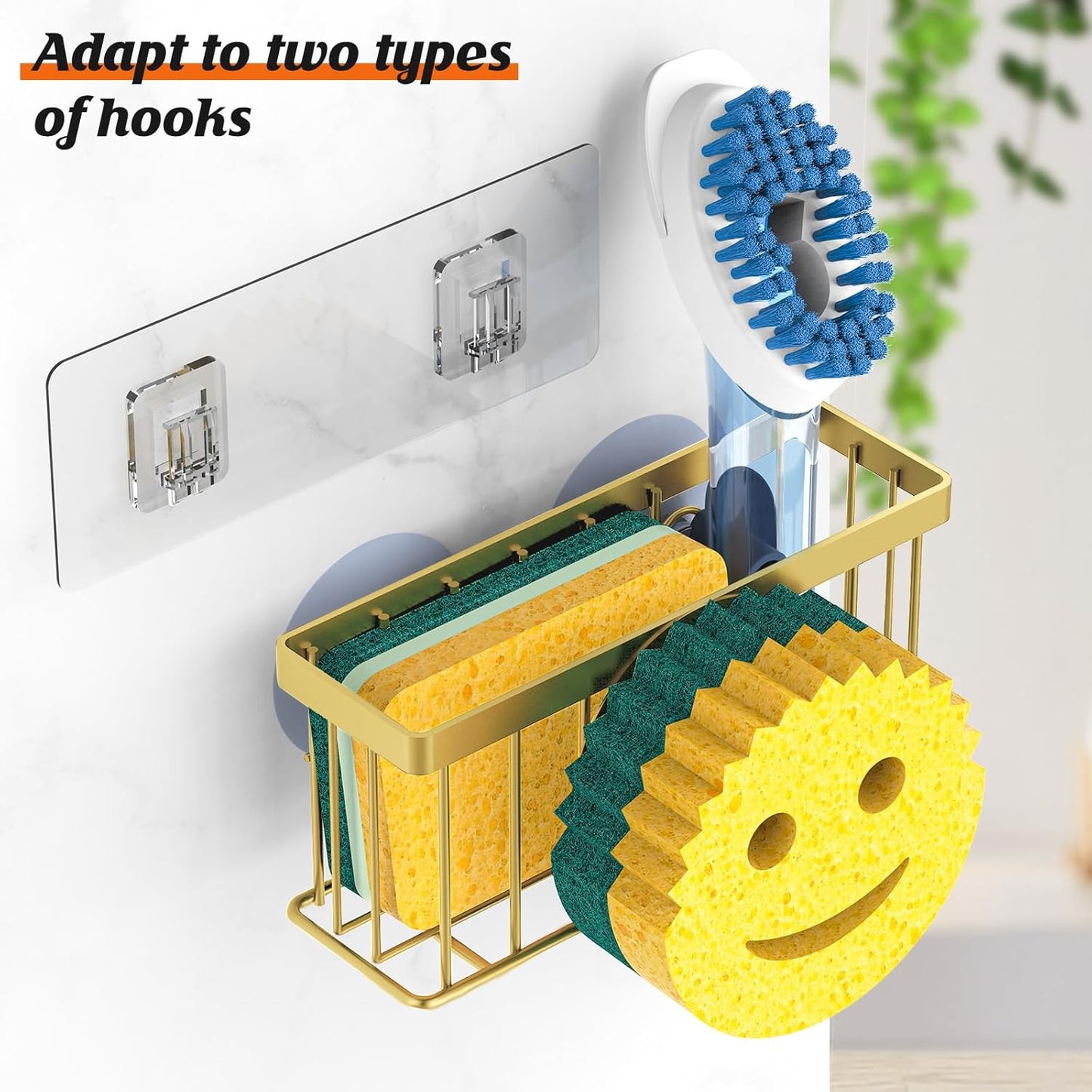 Sponge Holder Smiley Face,Sink Caddy,Sink Organizer with 2 Suction Cups/1 Adhesive Strips,Designed for Sponge,Soap,Dish Brush,Scrubber-Gold