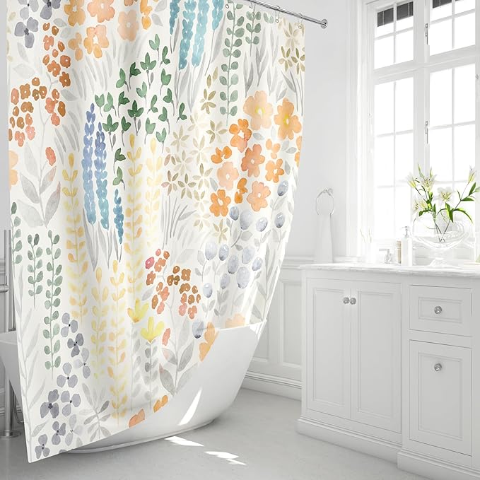 Extra Long Shower Curtain 72 x 84 Inch, Tall Cute Floral Shower Curtain for Bathroom, Orange Wildflower Boho Cottagecore Fabric Shower Curtain Set with Hooks