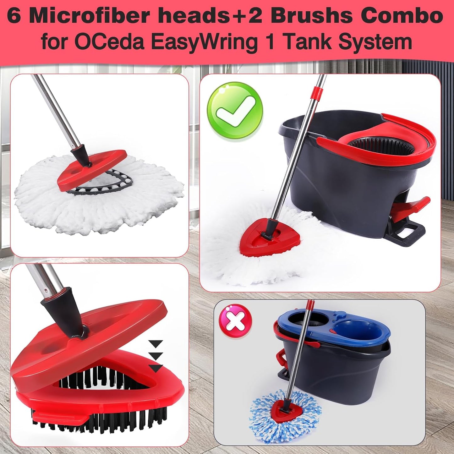 Mop Replacement Heads 6 Pcs & 2 Scrub Brushes Combo for Ocedar Easywring 1-Tank System,Microfiber Spin Mop Replacement Head,Machine Washable for Bathroom,Kitchen,Tub and Tile Cleaning