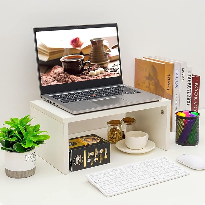 TEAMIX 6.7 inch Height Monitor Stand Riser, Wood Monitor Riser with Storage for Desk Small Monitor Stand TV/Screen/PC/Laptop Riser Computer Stand Desktop Shelf (White-Higher)
