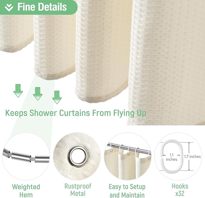 Dynamene Extra Wide Shower Curtain - 180 Inch Wide Waffle Weighted Thick Cloth Bathroom Shower Curtain, Neutral Heavy Duty Hotel Shower Curtain Set with 32 Plastic Hooks, 180x72, Cream/Ivory