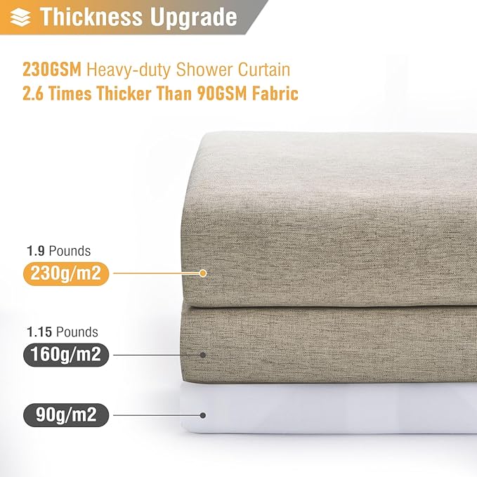 BTTN Fabric Shower Curtain, Linen Textured Heavy Duty Polyester Cloth Shower Curtain Set with Plastic Hooks, tan, 36x72