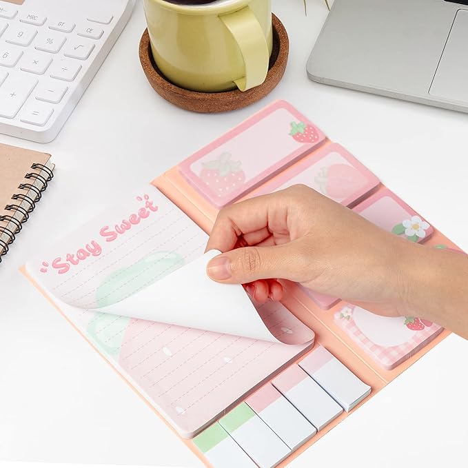 Xqumoi Life is Berry Sweet Sticky Notes Set, 550 Sheets, Strawberry Pattern Self-Stick Notes Pads Summer Fruit Divider Tabs Bundle Writing Memo Pads Back to School Office Supplies Small Gift