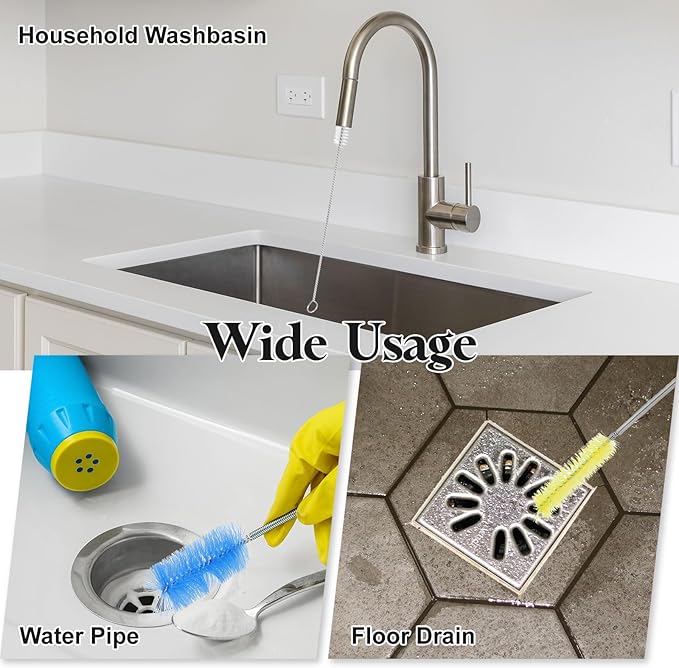 HARFINGTON 3pcs Flexible Long Drain Brush Straw Cleaner Set 78.74" Stainless Steel Double Ended Hose Brush with 8" Nylon Long Tube Pipe Cleaning for Fish Tank Sink Pipe, Black