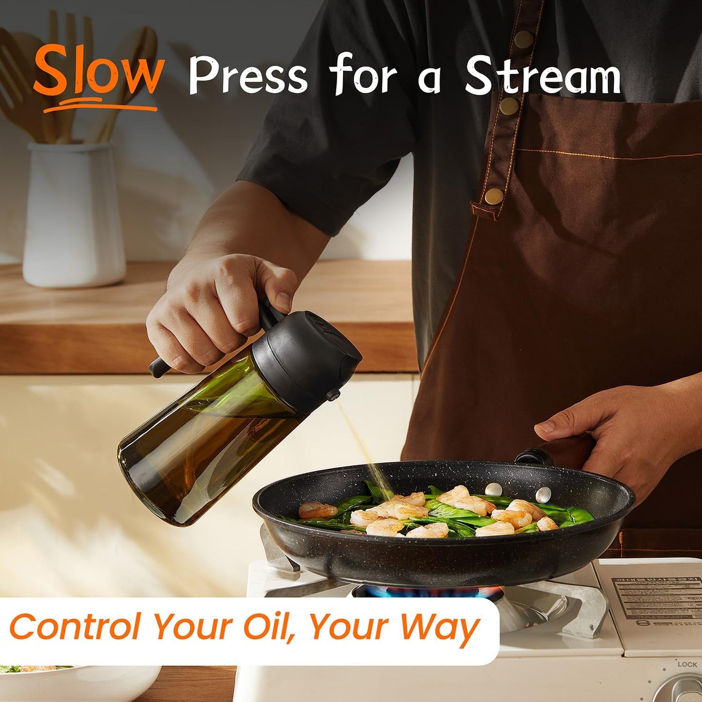 TrendPlain - Original 16oz/470ml Olive Oil Dispenser Bottle for Kitchen Gadgets and Air Fryer Accessories - Olive Oil Sprayer for Cooking w/Stickers - Black&Peach
