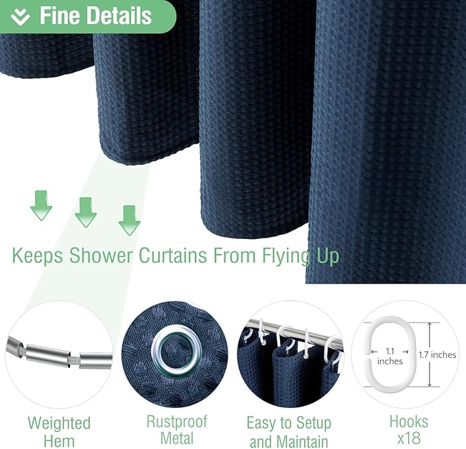 Dynamene Extra Wide Shower Curtain-108 Inch Wide Waffle Weave Weighted Thick Cloth Bathroom Shower Curtain, Neutral Heavy Duty Hotel Bath Curtain Set with 18 Plastic Hooks,108x72, Navy Blue