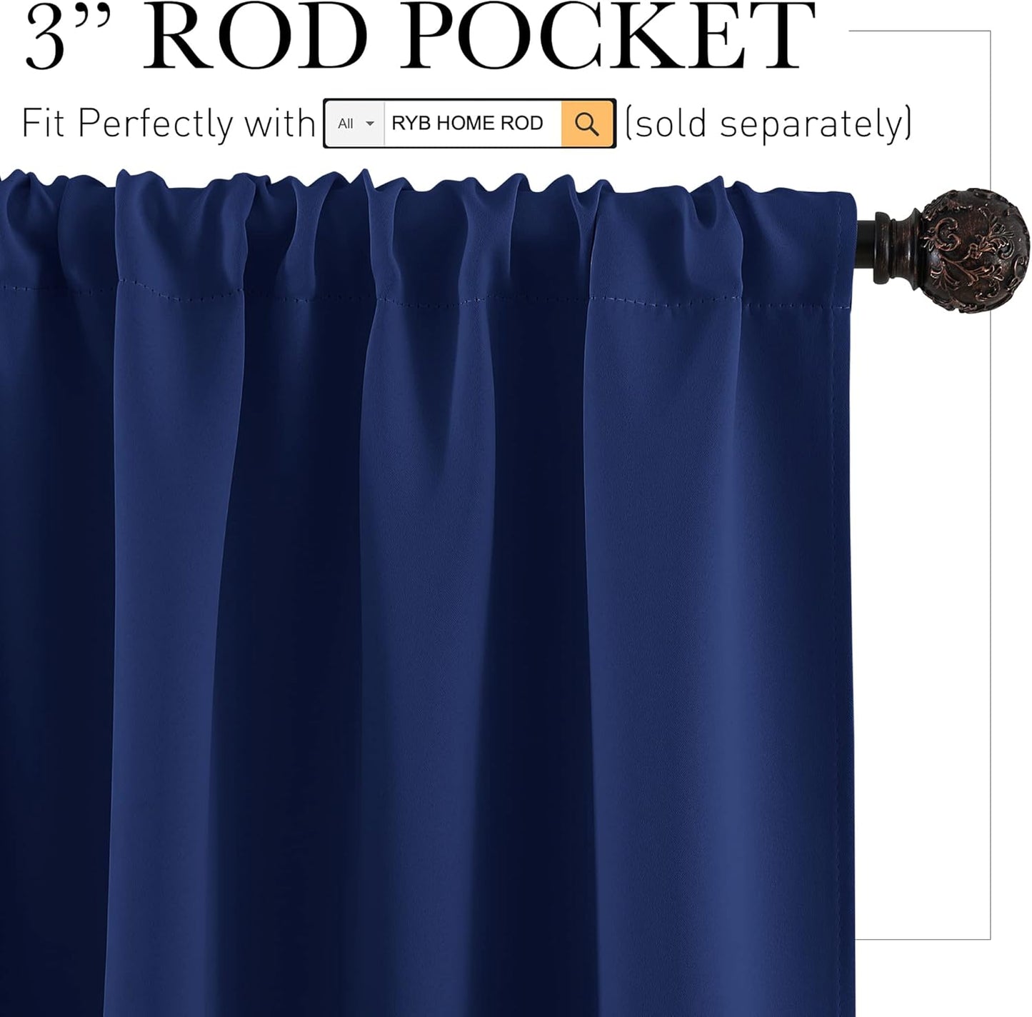 RYB HOME Kitchen Curtains 36 inch Long for Small Window Curtains Short Drapes for Bedroom, Half Window Tiers for Kids Room Bathroom Nursery, W 42 x L 36 in per Panel, Marine Blue, 2 Pcs