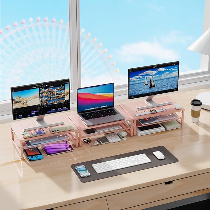gianotter 2-Tier Metal Monitor Stand Riser, Desk Organizer for Monitor, Office Desk Storage Organizer for Office Supplies (Rose Gold)
