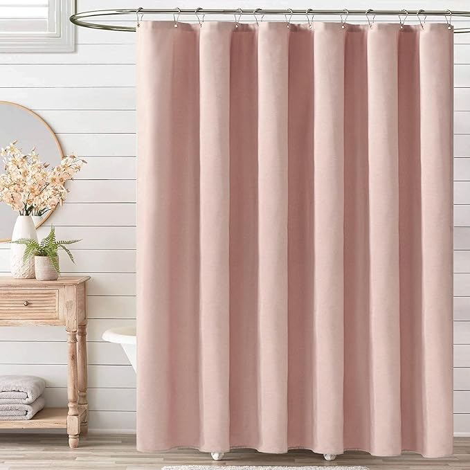 BTTN Fabric Shower Curtain, Linen Textured Heavy Duty Polyester Cloth Shower Curtain Set with Plastic Hooks, Blush, 54x78