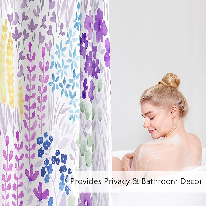 Purple Floral Shower Curtain, Lavender Colorful Boho Flower Fabric Shower Curtain, Cute Funky Watercolor Wildflower Shower Curtain Set, Cottagecore Bohemian Bathroom Decor, 72x72