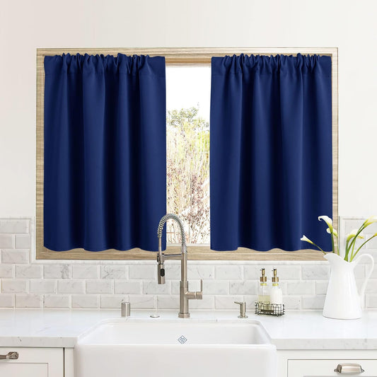 RYB HOME RV Camper Door Window Curtains -Blackout Privacy Curtains & Drapes for Bathroom Bedroom Kitchen Portable Travel Trailer Small Window Decor, W 34 x L 24, Marine Blue, 2 Panels