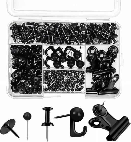 310 Pcs Push Pins Set, Black Thumb Tacks Decorative Push Pins for Cork Board with Push Pin Hook Pushpin Clip 5 Style Office Accessories for Cork Board Map Office (Black)