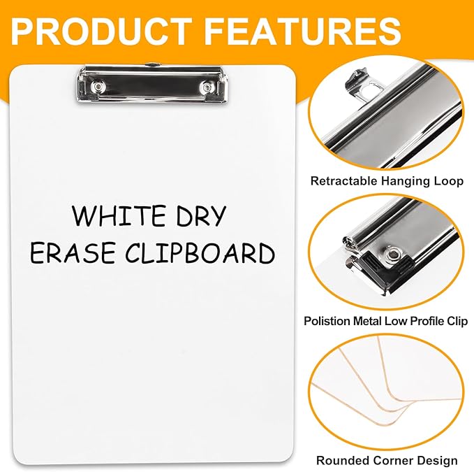 Dry Erase Wood Clipboard, Hardboard Clip Board 8.5x11 for Classroom, Students, Kid, Size 9" x 12.5", Double-Sided White Board, with Low Profile Clip, Office & School Supply