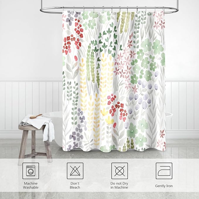 Cute Floral Shower Curtain, Sage Green Boho Flower Fabric Shower Curtain, Funky Watercolor Wildflower Shower Curtain Set, Cottagecore Bohemian Bathroom Decor, 72x72