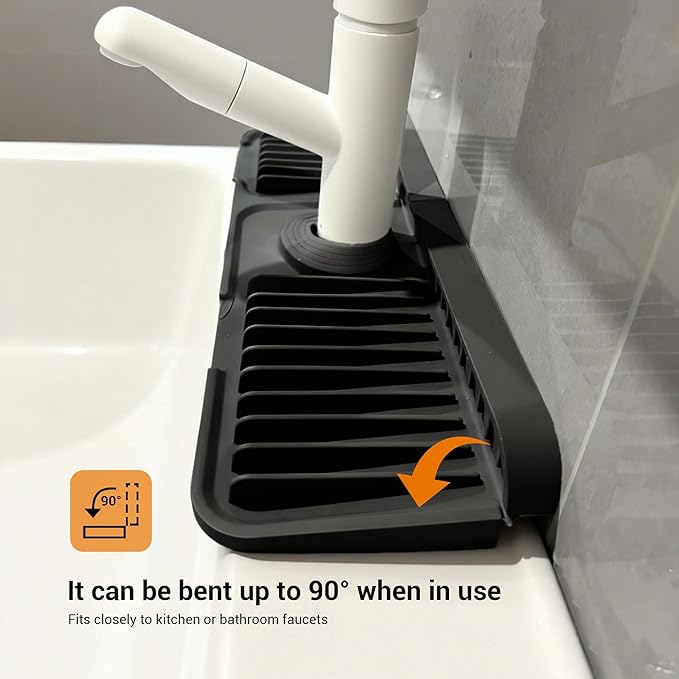 Faucet Mat for Kitchen Sink, 17.7"X5.5" Silicone Sink Splash Guard with Soap Holder, Snap-On Design & 7°slope Fast Drain, Folding Sink Faucet Mat for Universal Kitchen Bathroom Sink（Black）