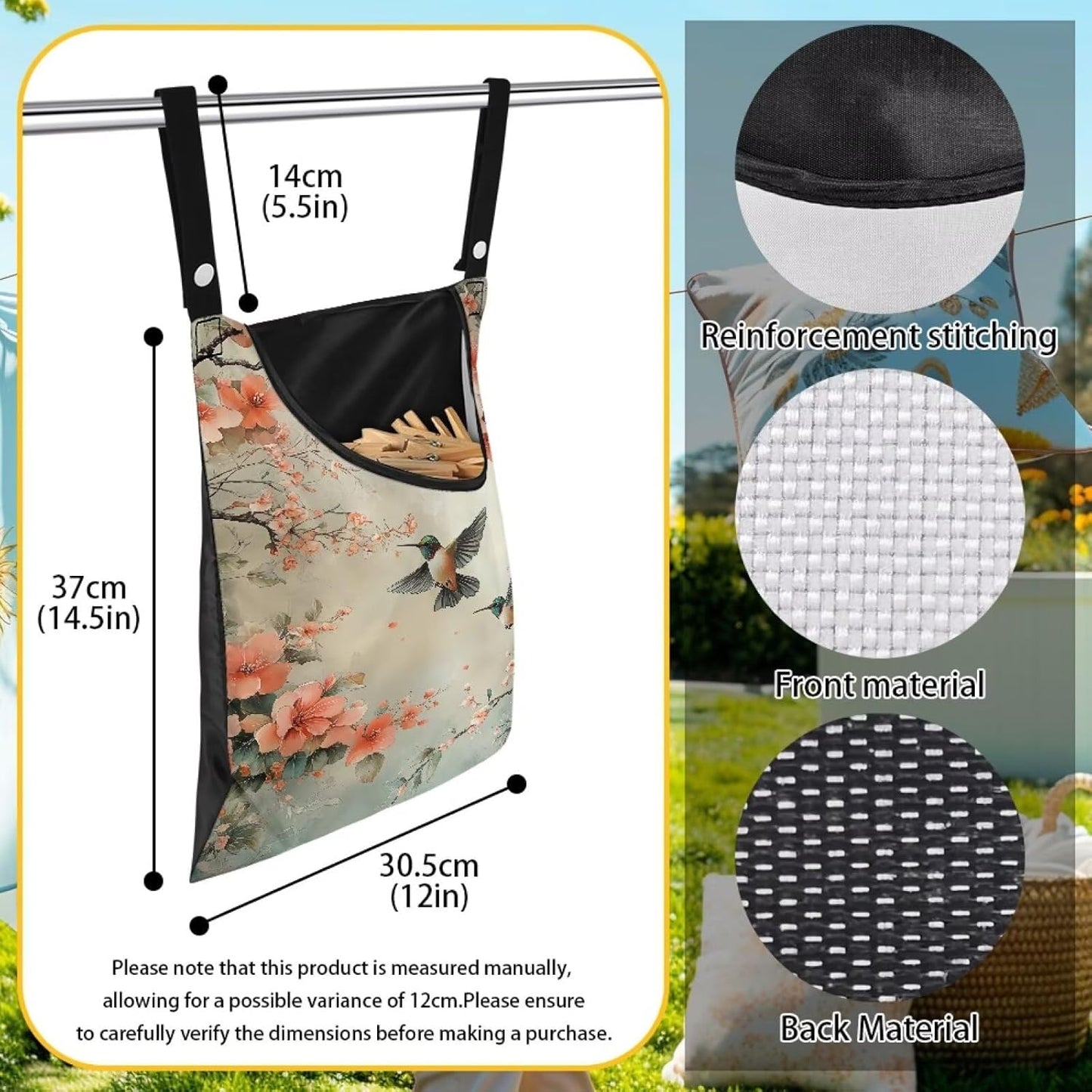 2 Pcs Hummingbird and Flowers Clothes Pin Bag, Small Hanging Laundry Bag with Hanging Rope Clothespin Bag for Clothes Line Clip Easy Access Clothes Pin Holder for Home Outdoor