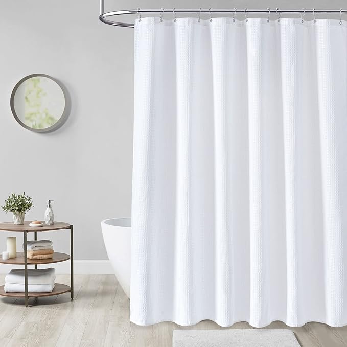 Dynamene White Fabric Shower Curtain， Waffle Weave Heavy Duty Hotel Luxury Cloth Shower Curtains for Bathroom, 72 Inch 256GSM Weighted Bath Curtain Set with 12 Plastic Hooks,72x72