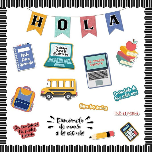 55 Pcs Spanish Back to School Classroom Bulletin Board Sets Colorful Pencil Notebook Schoolbag Paper Cutouts First Day of Bulletin Board Decor for School Chalkboard Wall Door Decor Supplies