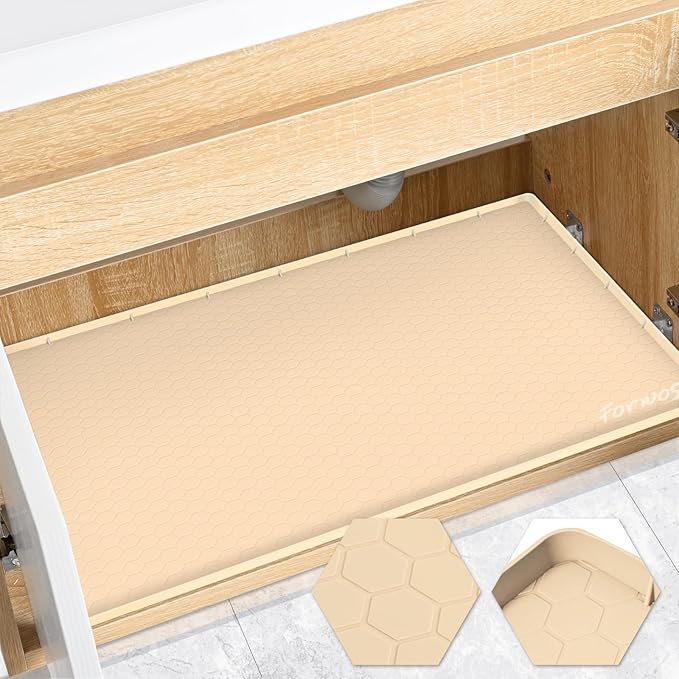 Waterproof Under Sink Mat 28" x 22", Silicone Cabinet Liner, Rubber Protector for Kitchen and Bathroom, Keeps Cabinets Clean, Dry, and Organized (Beige)