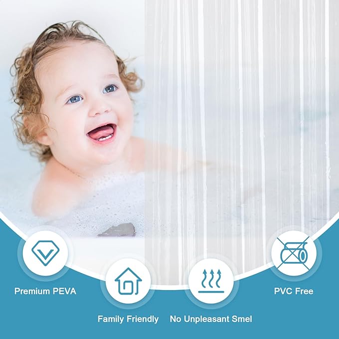 EurCross 74 inch Long Stall Shower Curtain Liner with 5 Magnets and Hooks, 9G Premium Clear PEVA Small Plastic Bathroom Shower Curtain 54x74, 9 Metal Grommets